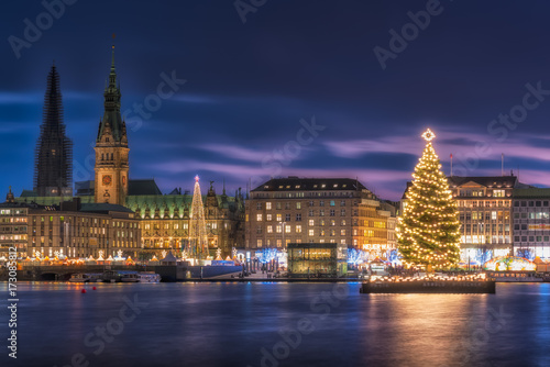 Illuminated town hall with Christmas Markets in Hamburg