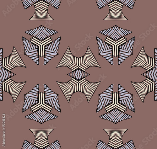 Seamless striped vector pattern. Vintage colored decorative repainting background with tribal and ethnic motifs. Abstract geometric roughly hatched shapes colored with hand drawn brush stokes.