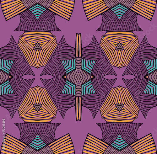 Seamless striped vector pattern. Vintage colored decorative repainting background with tribal and ethnic motifs. Abstract geometric roughly hatched shapes colored with hand drawn brush stokes.