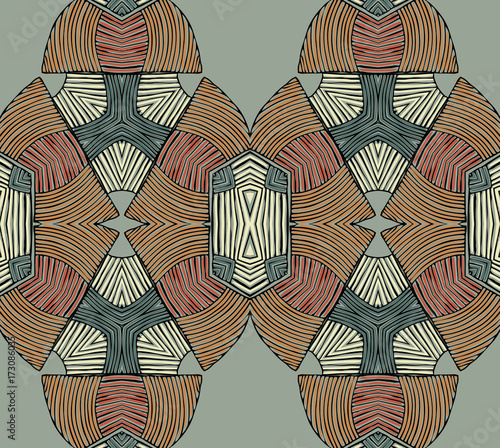 Seamless striped vector pattern. Vintage colored decorative repainting background with tribal and ethnic motifs. Abstract geometric roughly hatched shapes colored with hand drawn brush stokes.