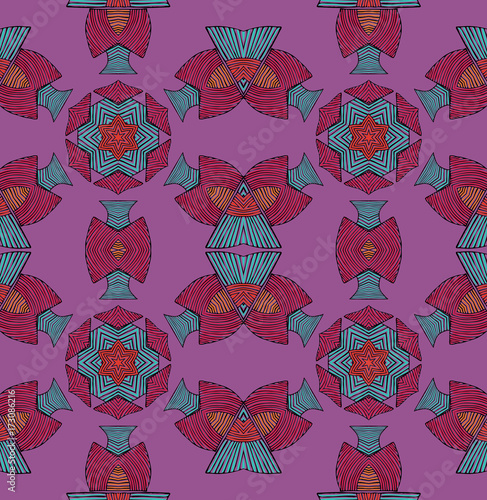 Seamless striped vector pattern. Vintage colored decorative repainting background with tribal and ethnic motifs. Abstract geometric roughly hatched shapes colored with hand drawn brush stokes.