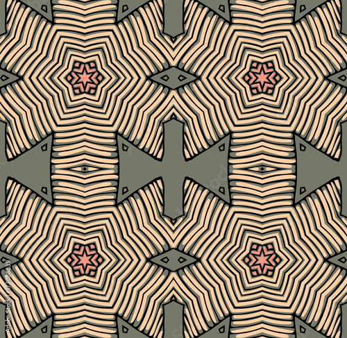 Seamless striped vector pattern. Vintage colored decorative repainting background with tribal and ethnic motifs. Abstract geometric roughly hatched shapes colored with hand drawn brush stokes.