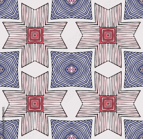 Seamless striped vector pattern. Vintage colored decorative repainting background with tribal and ethnic motifs. Abstract geometric roughly hatched shapes colored with hand drawn brush stokes.