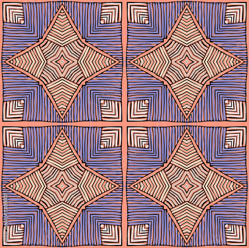 Seamless striped vector pattern. Vintage colored decorative repainting background with tribal and ethnic motifs. Abstract geometric roughly hatched shapes colored with hand drawn brush stokes.
