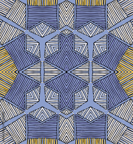 Seamless striped vector pattern. Vintage colored decorative repainting background with tribal and ethnic motifs. Abstract geometric roughly hatched shapes colored with hand drawn brush stokes.
