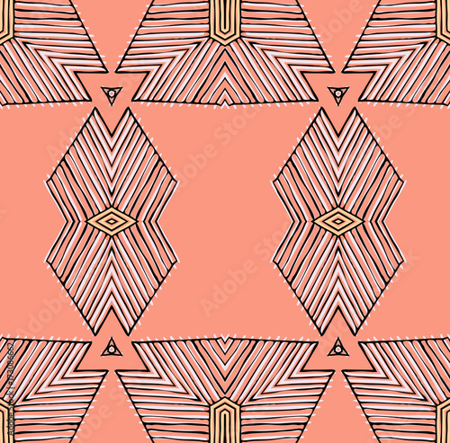 Seamless striped vector pattern. Vintage colored decorative repainting background with tribal and ethnic motifs. Abstract geometric roughly hatched shapes colored with hand drawn brush stokes.