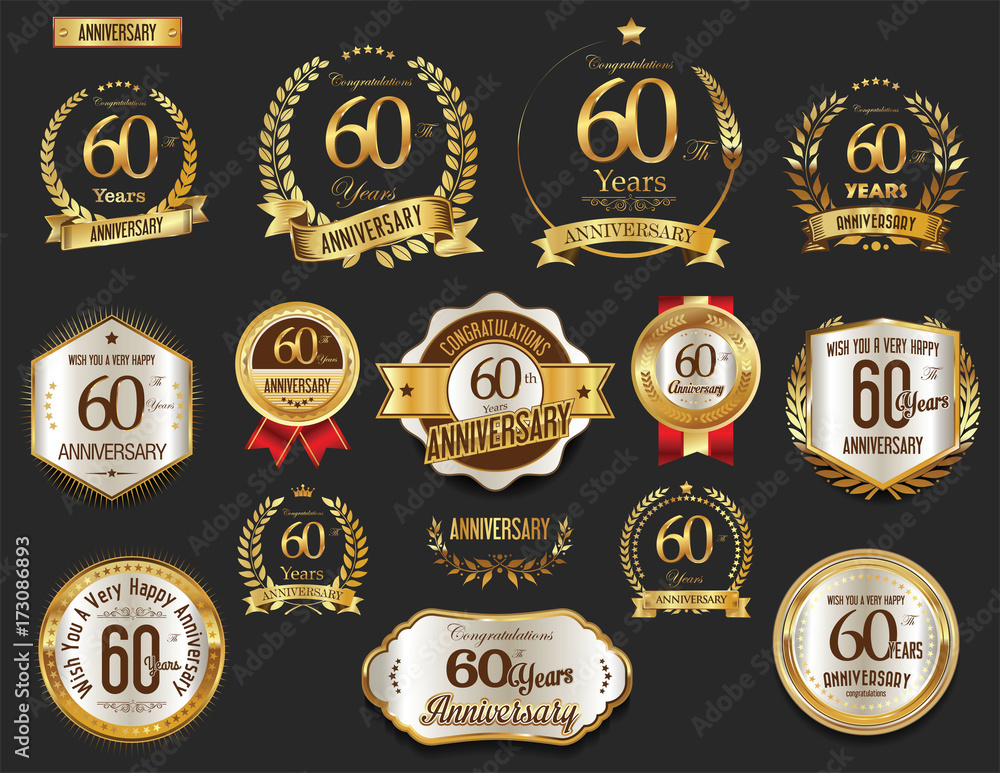 Fototapeta premium Anniversary golden laurel wreath and badges 60 years vector collection