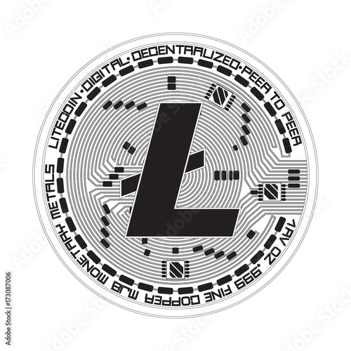 Crypto currency black coin with black lackered litecoin symbol on obverse isolated on white background. Vector illustration. Use for logos, print products, page and web decor or other design.
