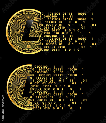 Set of crypto currency golden coins with black lackered litecoin symbol on obverse isolated on black background. Vector illustration. Use for logos, print products, page and web decor or other design.