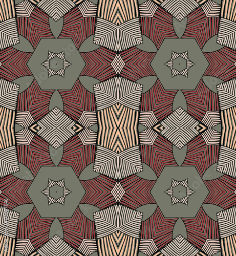 Seamless striped vector pattern. Vintage colored decorative repainting background with tribal and ethnic motifs. Abstract geometric roughly hatched shapes colored with hand drawn brush stokes.