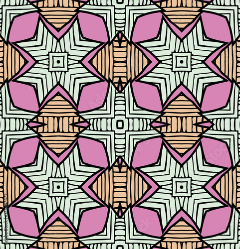 Seamless striped vector pattern. Vintage colored decorative repainting background with tribal and ethnic motifs. Abstract geometric roughly hatched shapes colored with hand drawn brush stokes.