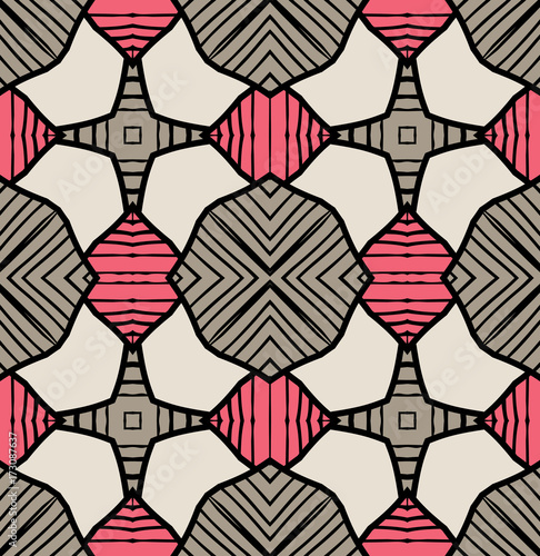 Seamless striped vector pattern. Vintage colored decorative repainting background with tribal and ethnic motifs. Abstract geometric roughly hatched shapes colored with hand drawn brush stokes.