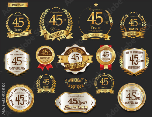 Anniversary golden laurel wreath and badges 45 years vector collection