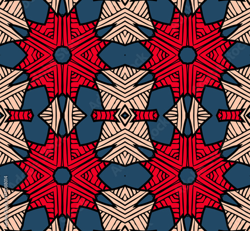 Seamless striped vector pattern. Vintage colored decorative repainting background with tribal and ethnic motifs. Abstract geometric roughly hatched shapes colored with hand drawn brush stokes.