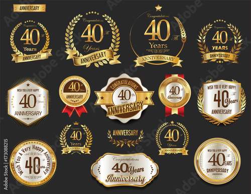 Anniversary golden laurel wreath and badges 40 years vector collection