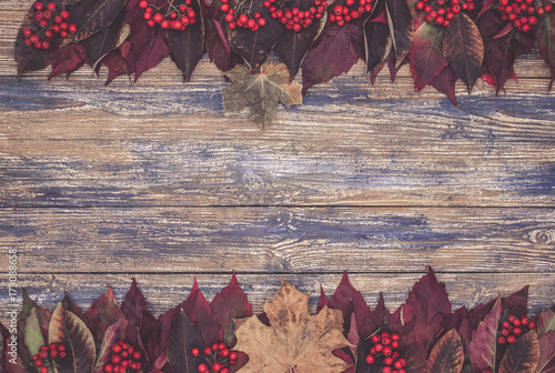 Autumn leaves and fruit on a wooden table. Top view. Copy space. Autumn background