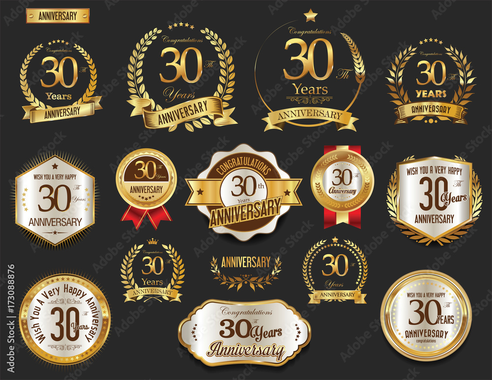 Anniversary golden laurel wreath and badges 30 years vector collection