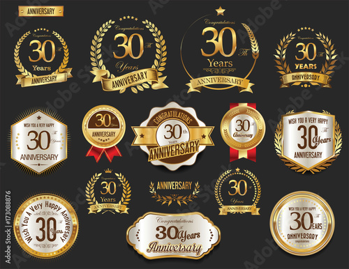 Anniversary golden laurel wreath and badges 30 years vector collection