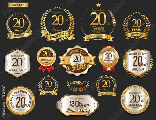 Anniversary golden laurel wreath and badges 20 years vector collection