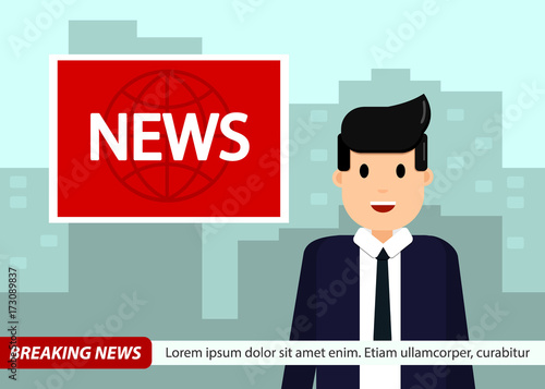 News Anchor on TV Breaking News background. Man in suit and tie. vector illustration in flat design.