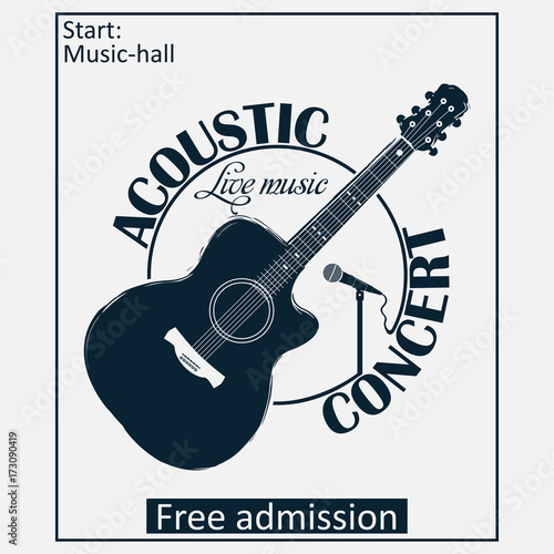 Acoustic musical concert poster with guitar and microphone. Vector illustration.