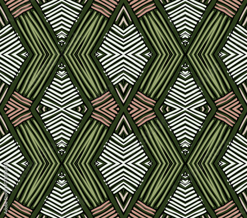 Seamless striped vector pattern. Vintage colored decorative repainting background with tribal and ethnic motifs. Abstract geometric roughly hatched shapes colored with hand drawn brush stokes.