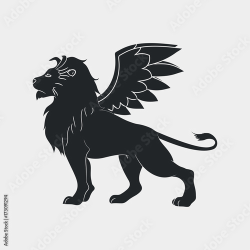Lion with wings icon. Winged leo  logo template. Vector illustration.