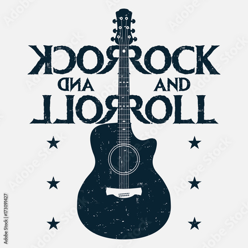 Rock and roll music grunge print with guitar. Rock-music design for t-shirt, clothes, poster. Vector illustration.
