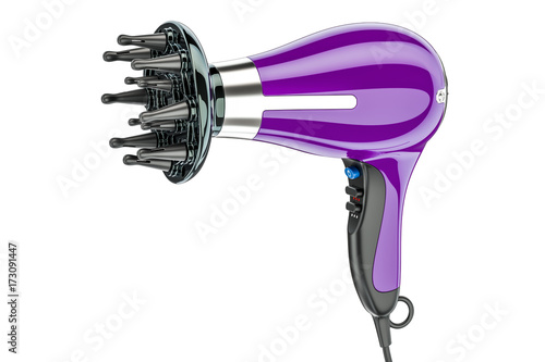 Purple hair dryer with nozzle, 3D rendering photo