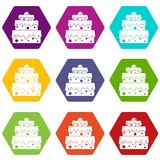 Big cake icon set color hexahedron