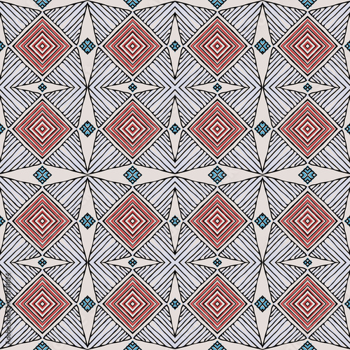 Seamless striped vector pattern. Vintage colored decorative repainting background with tribal and ethnic motifs. Abstract geometric roughly hatched shapes colored with hand drawn brush stokes.