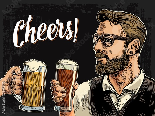 Hipster holding glass of beer and clinking.