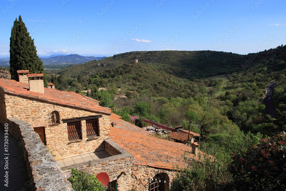 Traditional house in french village of Castelnou in Pyrenees orientales, France