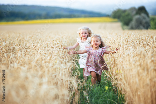 Emotional sisters run on the wheat field at sunset, the concept of freedom and childhood, lifestyle, pastel colors © sushytska
