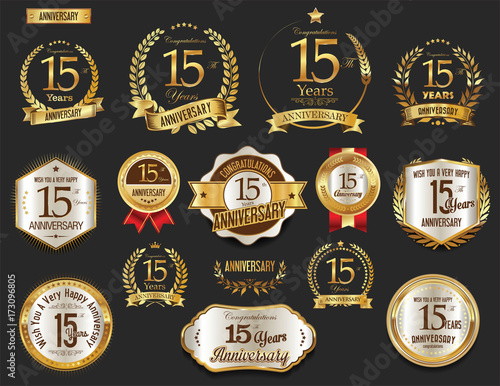 Anniversary golden laurel wreath and badges 15 years vector collection