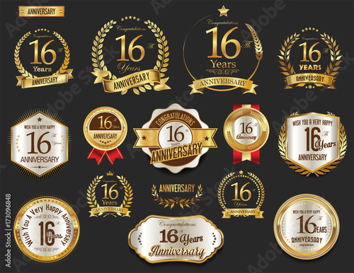 Anniversary golden laurel wreath and badges 16 years vector collection