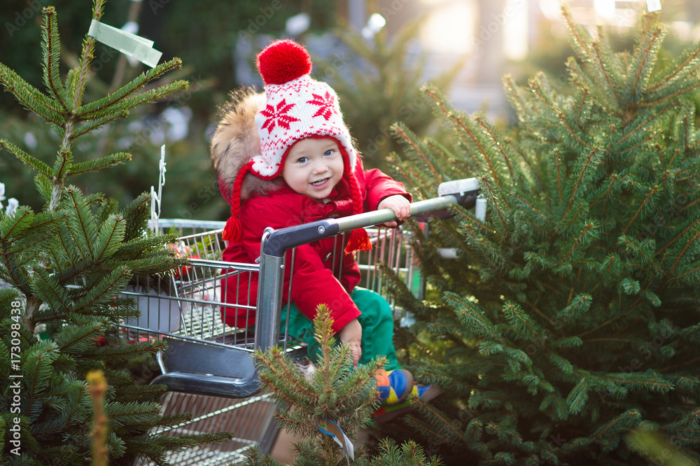 Kids selecting Christmas tree. Xmas gifts shopping.