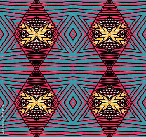 Seamless striped vector pattern. Vintage colored decorative repainting background with tribal and ethnic motifs. Abstract geometric roughly hatched shapes colored with hand drawn brush stokes.