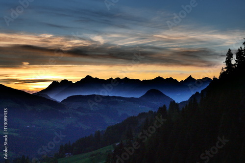 Alpen, Tirol, Panorama, Sonnenuntergang, Wolken, Nebel