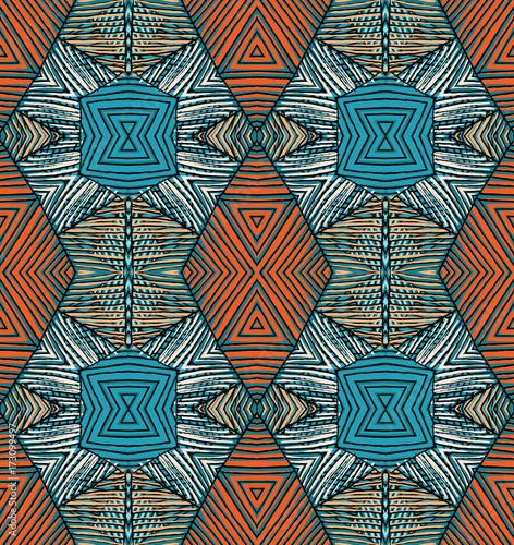 Seamless striped vector pattern. Vintage colored decorative repainting background with tribal and ethnic motifs. Abstract geometric roughly hatched shapes colored with hand drawn brush stokes.