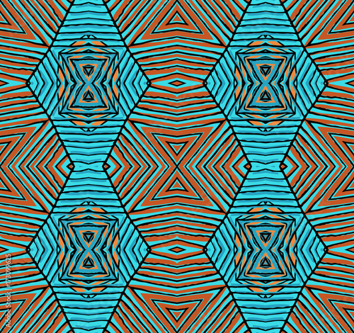 Seamless striped vector pattern. Vintage colored decorative repainting background with tribal and ethnic motifs. Abstract geometric roughly hatched shapes colored with hand drawn brush stokes.