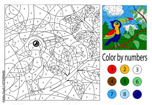 Color by numbers. Education game for smart kids and children. Picture with toucan
