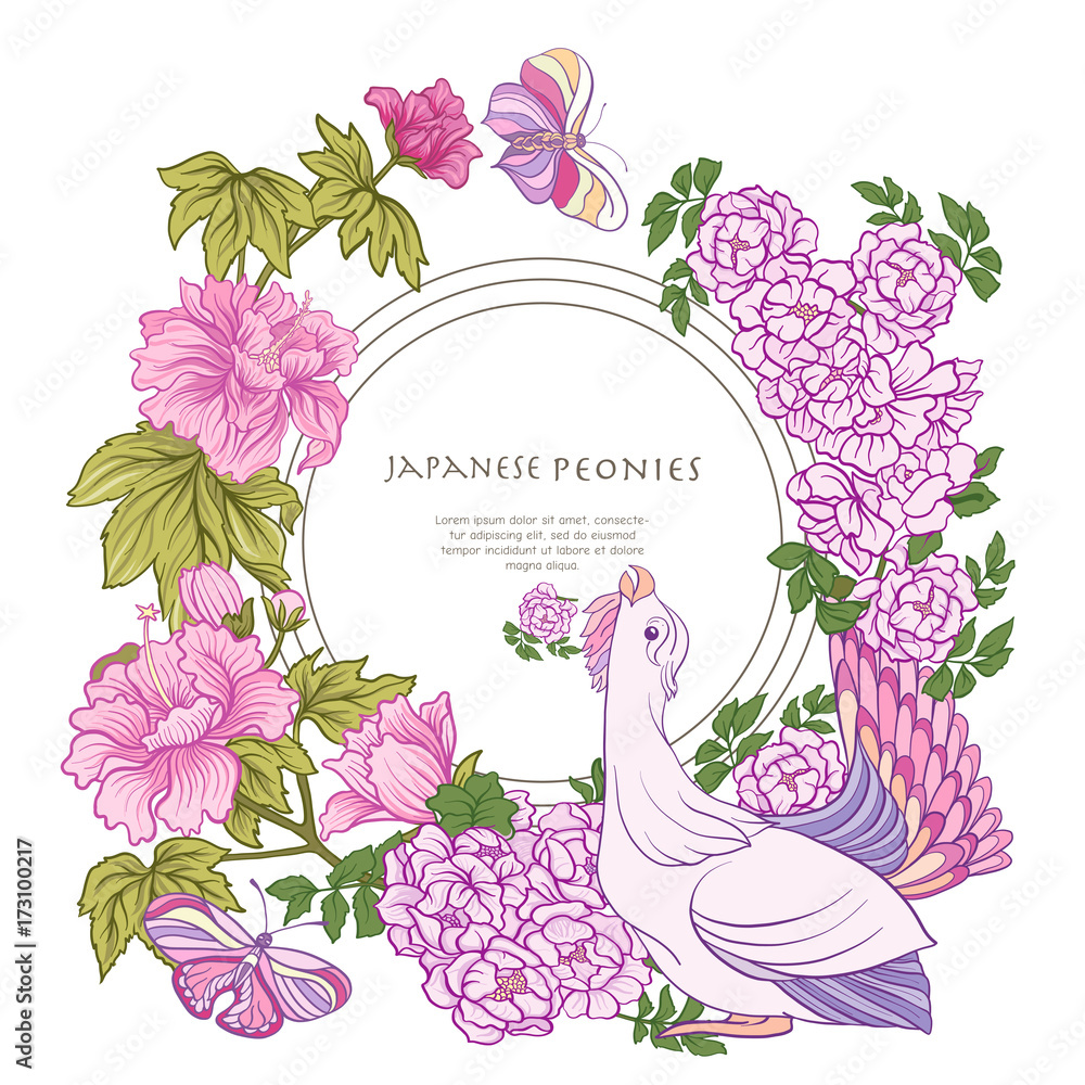 Fototapeta Poster or postcard with bird and butterfly and pink Japanese peo