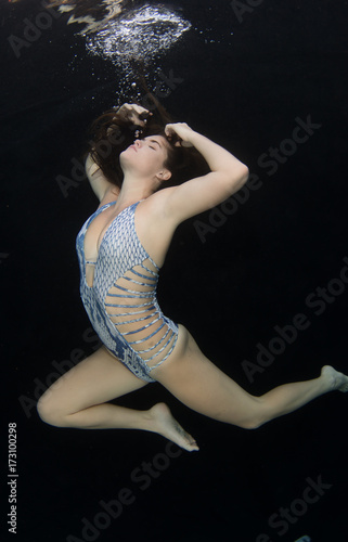 Woman wearing a swimsuit underwater.