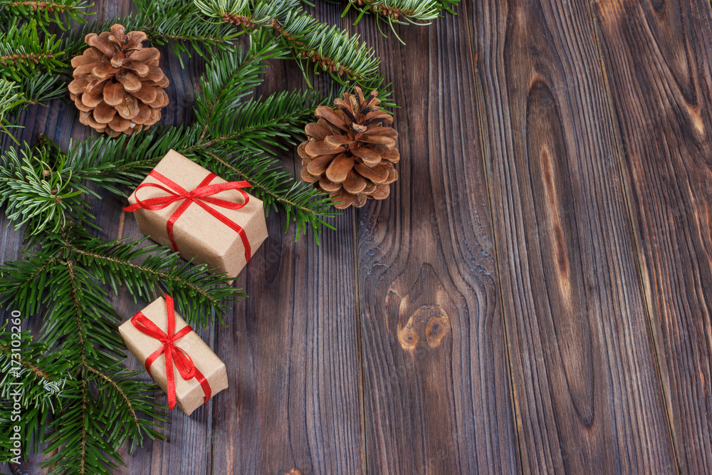 Christmas presents on wooden background, retro style with copy space Christmas presents on wooden background, retro style with copy space