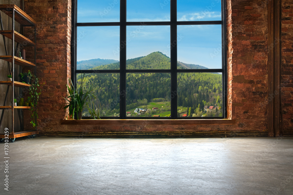 Large Loft Interior With Mountains In The Window - obrazy, fototapety, plakaty 