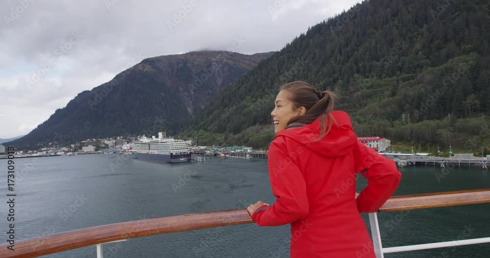 Cruise ship passenger in Juneau harbor on Alaska cruise in Inside Passage. Cruise ship passenger in Juneau harbor on Alaska cruise in Inside Passage.