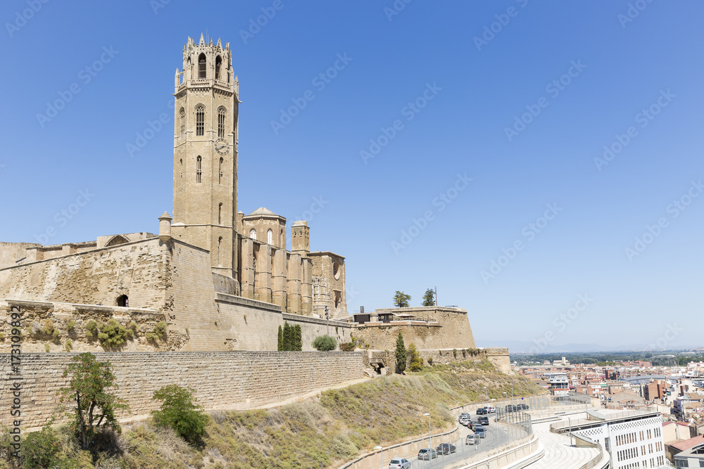 a view over Lleida city and the old Cathedral of St Mary of La Seu Vella, Catalonia, Spain