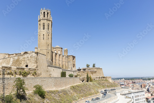 a view over Lleida city and the old Cathedral of St Mary of La Seu Vella, Catalonia, Spain
