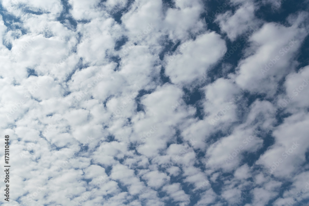 In the blue sky white Cumulus clouds arranged in a grid or pattern. The sun is shining and the clouds are shining. Summer day with the wind. Landscape, climate. In the blue sky white Cumulus clouds arranged in a grid or pattern. The sun is shining and the clouds are shining. Summer day with the wind. Landscape, climate.